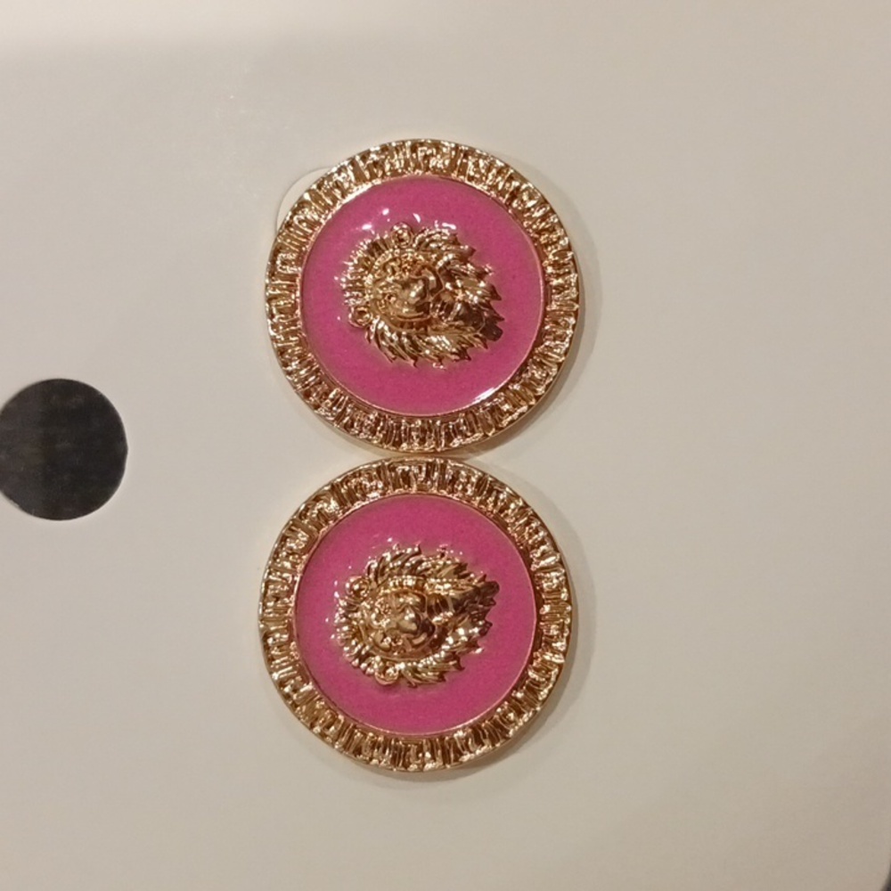 Gold & Pink Round Lion Earrings
